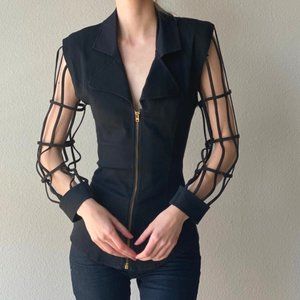 Vintage Caged Sleeve fitted Waist Black Zip Top